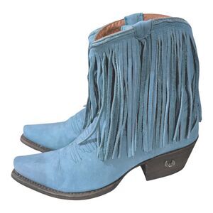 Eight Second Angel Blue Teal Suede Fringe Heeled Western Boots Women's Size 6.5